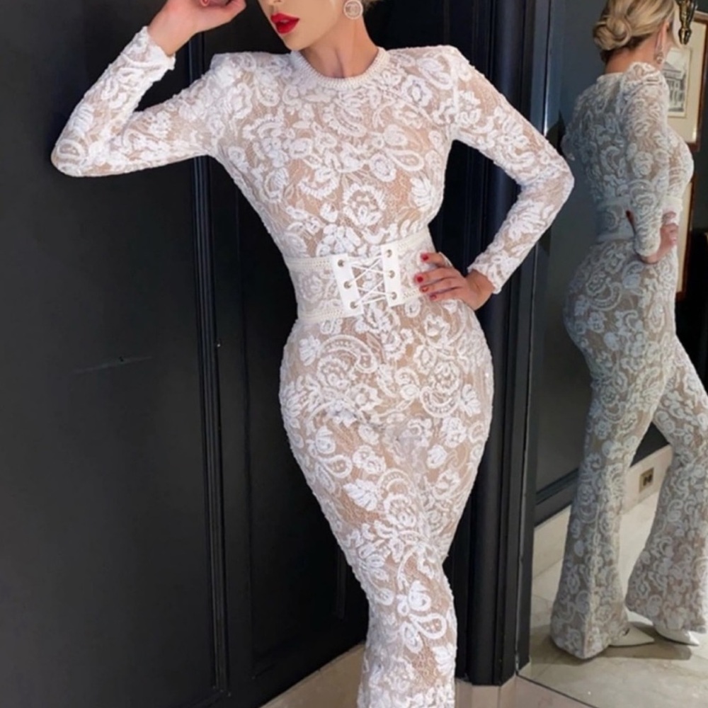 Nadine Merabi Bella Jumpsuit White Lace
Sequins with Leather Corset belt